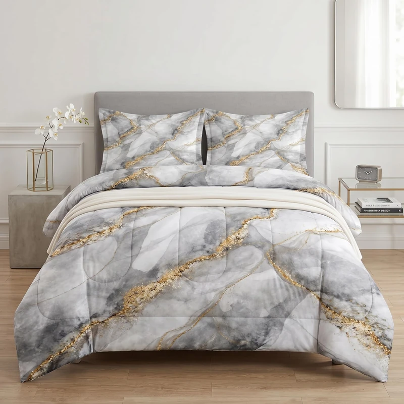 Pamnest Comforter Set Full Size, Marble Black Gold Stone Soft 3 Pcs Bedding for Kids and Adults, Gray Vintage Retro Comforter Set with Pillowcase, for Bedroom Bed Decor