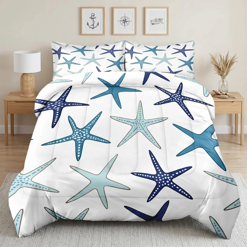 Pamnest Comforter Set Twin Size, Coastal Nautical Starfish Soft 2 Pcs Bedding for Kids and Adults, Navy Blue Turquoise Sea Comforter Set with Pillowcase, for Bedroom Bed Decor