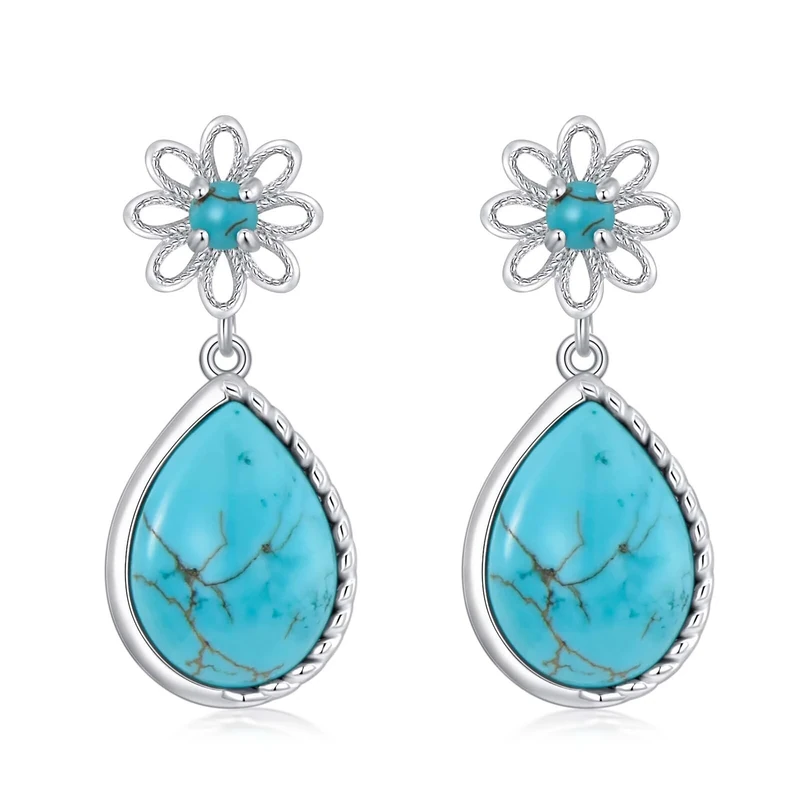 Genuine Turquoise Dangle Daisy Earrings for Women, Sterling Silver Vintage Native American Western Jewelry Teardrop Earrings