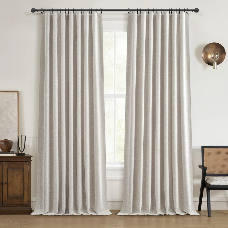 QJmydeco 107 Inch Long Insulated Backout Curtains, 9ft Floor Length Elegant Curtain for Living Room Thick Soundproof/Block Out/Draps for Bedroom Windows (W50 xL107 2Panels Natural Tan Linen)
