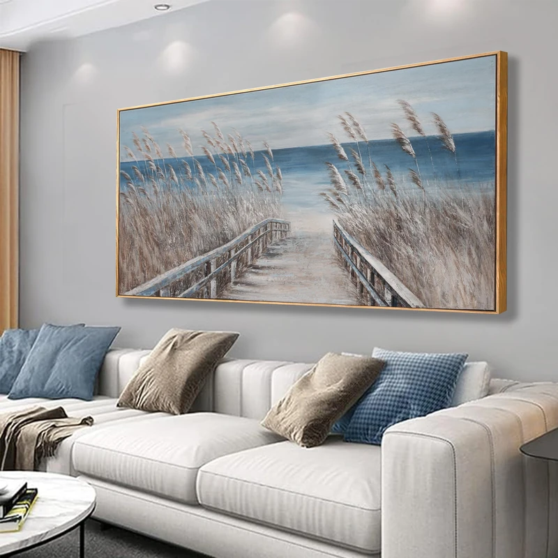 Dimpaga Abstract Wall Art Decor Canvas Print Painting Reed And Blue Coast Landscape Picture Artwork Framed Wall Decor For Living Room Bedroom Living Room And Apartment 20x40 Inch