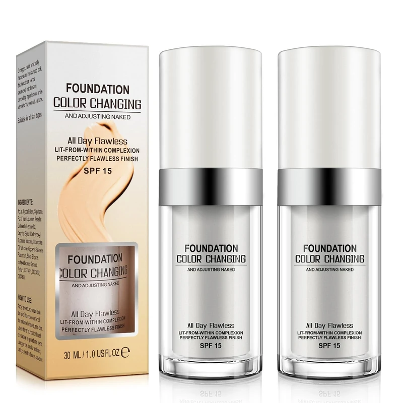 2Pcs Color Changing Foundation SPF15,Seamless Tone-Matching,Long-Lasting Hydration Nourishment, and Sun Protection for All Skin