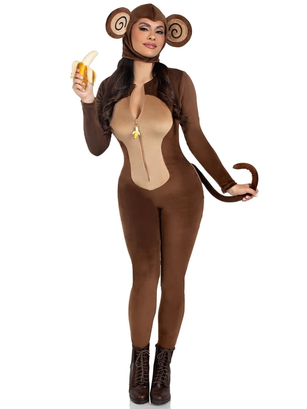 Leg Avenue 2 PC Cheeky Monkey, includes ultra-soft velvet plush catsuit with banana zipper pull and cheeky monkey butt, wired tail, and ear bonnet, BROWN, SMALL