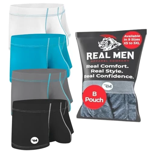 RM Real Men Real Men Bulge Enhancing Pouch Underwear for Men – 1 or 4 Pack Nylon 3 Inches- Ice Silk Mens Boxer Briefs with B and D Pouch, B Pouch 4 Pack- Black White Grey Cyan, L