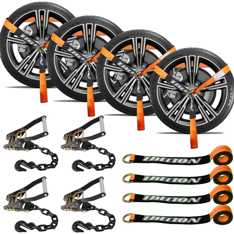 IBITION 4 Pack Car Tie Down Straps for Trailers with Heavy Duty Chain Anchors 2" x 96" - 3,300 lbs Safe Working Load -Adjustable Wheel Straps with Chain Hook Anchors for Trailers.Orange
