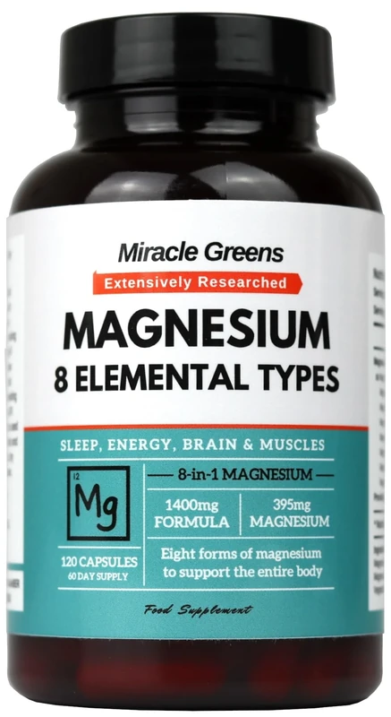 8 in 1 Magnesium Complex – Bisglycinate, Malate, Taurate, Gluconate, Lactate, Carbonate, Aspartate, and Oxide – 1400mg Formula Providing 395mg of Elemental Magnesium – 120 Capsules - Made in The UK