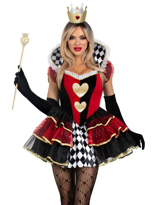 Leg Avenue 2 PC Queen of Hearts, includes tiered dress with stay up collar, built-in petticoat, and crown, MULTICOLOR, SMALL