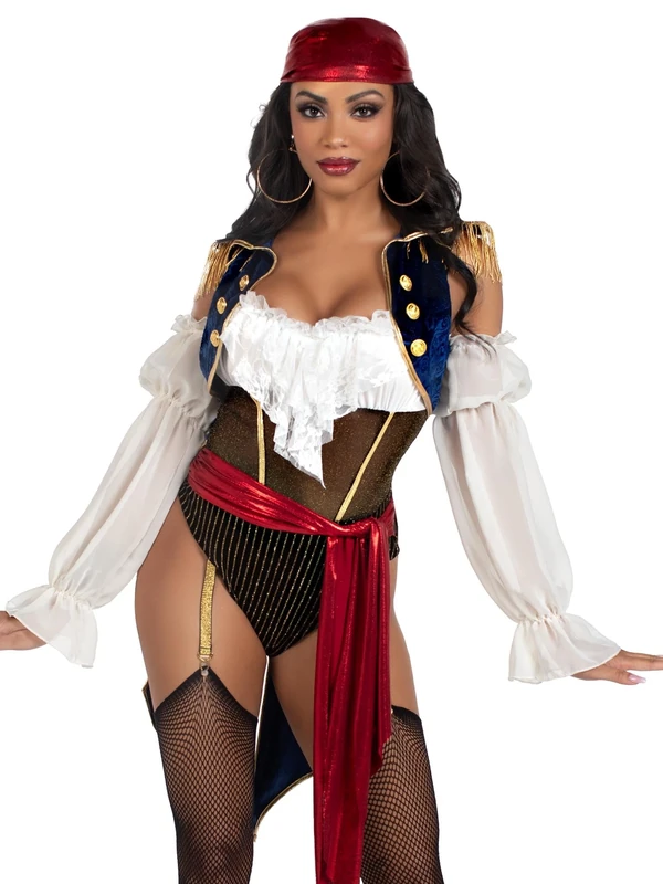 Leg Avenue 2 PC Buccaneer Beauty, includes garter bodysuit with velvet brocade tail coat, attached waist sash, and head scarf, MULTICOLOR, SMALL