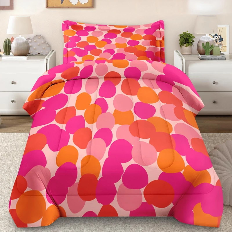 Pamnest Comforter Set Twin Size, Pink Orange Colorful Soft Bedding Set for Kids and Adults, Fruit Retro Leaves Comforter Set with Pillowcase, for Bedroom Bed Decor