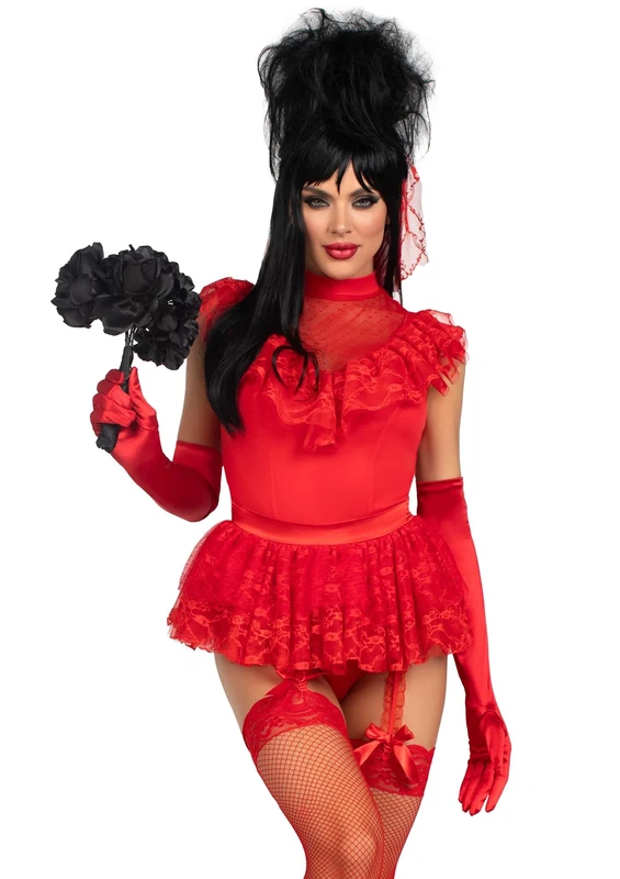 Leg Avenue 3 PC Beetle Babe, includes lace ruffle garter bodysuit, pin-on bustle bow, and veil, RED, SMALL