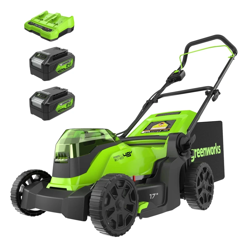 Greenworks 48V (2 x 24V) 17" Brushless Cordless Lawn Mower (2) 4.0Ah Batteries and Dual Port Fast Charger Included