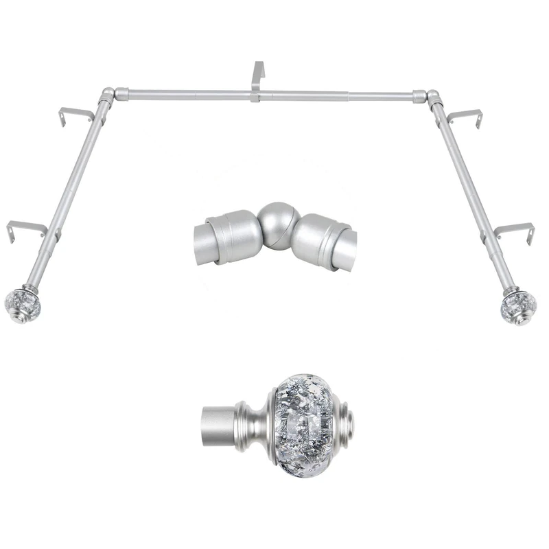 USFOOK Silver Curtain Rods for Bay Windows - 32 to 86 Inch Center Rod, 32 to 58 Inch Side Rods - Decorative Drapery Rods with Bling Finials