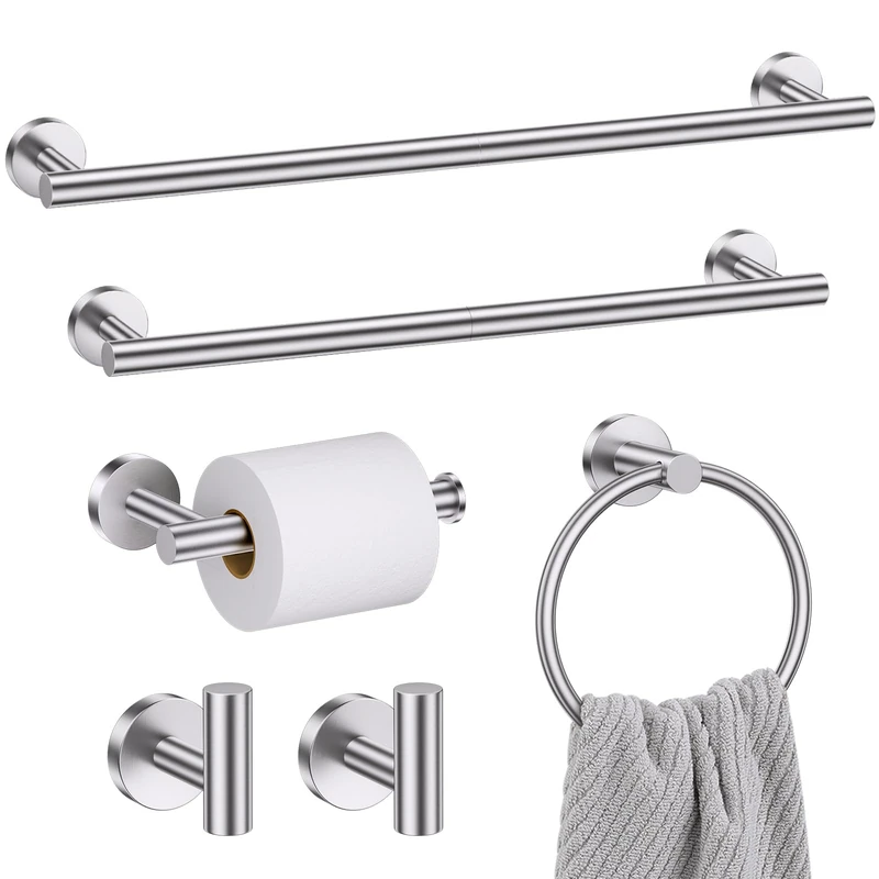 SOAEZ Bathroom Hardware Set, Robe Hook 6-Piece Bath Accessories Set Brushed Finished Wall Mount Includes 19.7/23.6 in Towel Bar,Toilet Paper Holder，Towel Hook x 2 Brushed