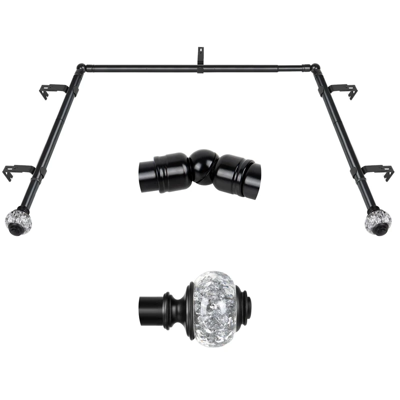 USFOOK Black Bay Curtain Rods 32-86 Inch (Center), 32-58 Inch (Side) - Decorative Drapery Rods With Bling Finials