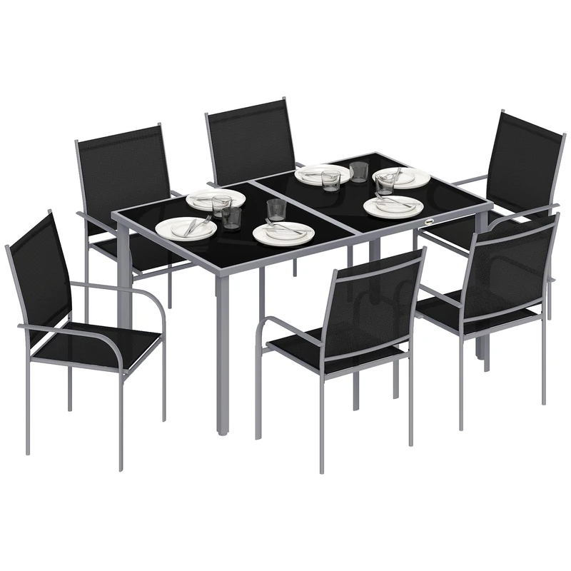 Outsunny 7 Piece Garden Dining Set, Steel Outdoor Table and Chairs, Black