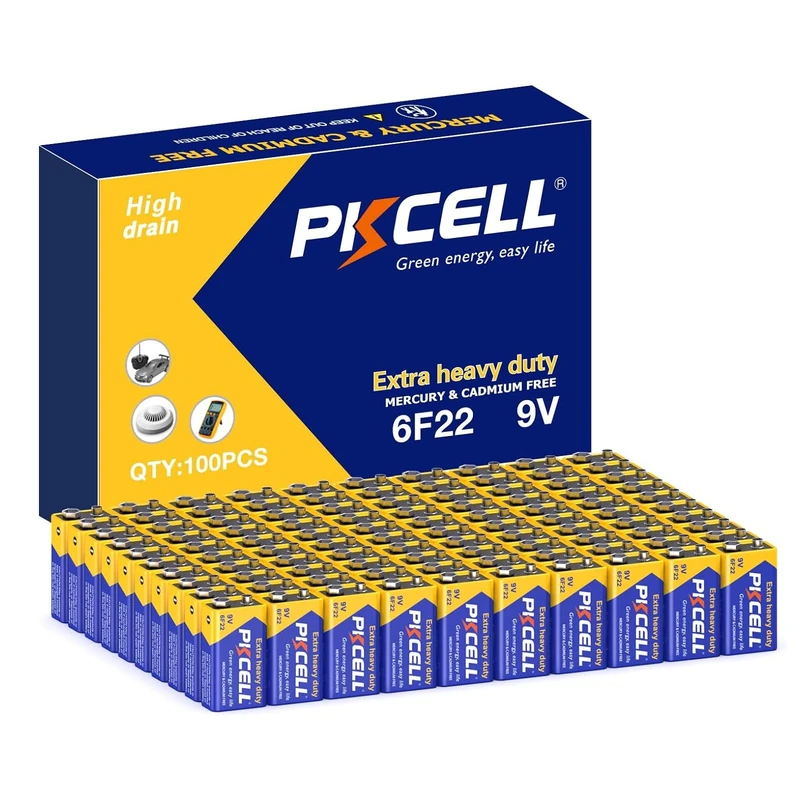 PKCELL 9V Battery PP3/6F22 (100 Pack) - Industrial-Grade Endurance 9V Square Battery for Event Production & Facility Maintenance - Heavy-Duty Zinc Manganese - UKCA/CE Certified