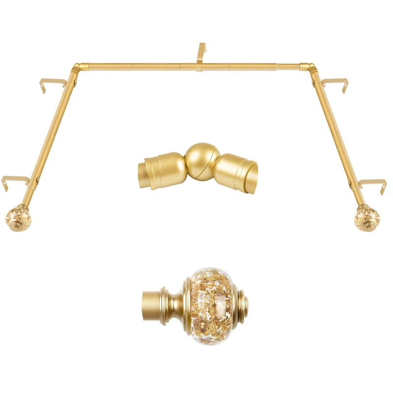 Bay Window Curtain Rods, USFOOK Gold Curtain Rods for Bay windows 32 to 86 Inch (Center Rod), 32 to 58 Inch Side Rod for windows, Decorative Drapery Rods with Bling Finials