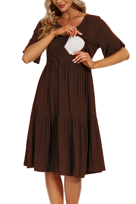 Smallshow Women's Maternity Nursing Dress Ruffle Short Sleeve Breastfeeding Clothes, Coffee, L