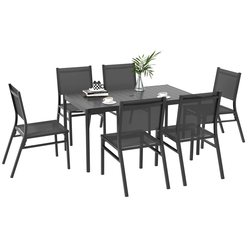 Outsunny 7 Piece Garden Dining Set, 6 Seater Garden Table and Chairs with Parasol Hole, Aluminium Top Table and Texteline Chairs, Outdoor Dining Furniture Set for Patio, Dark Grey