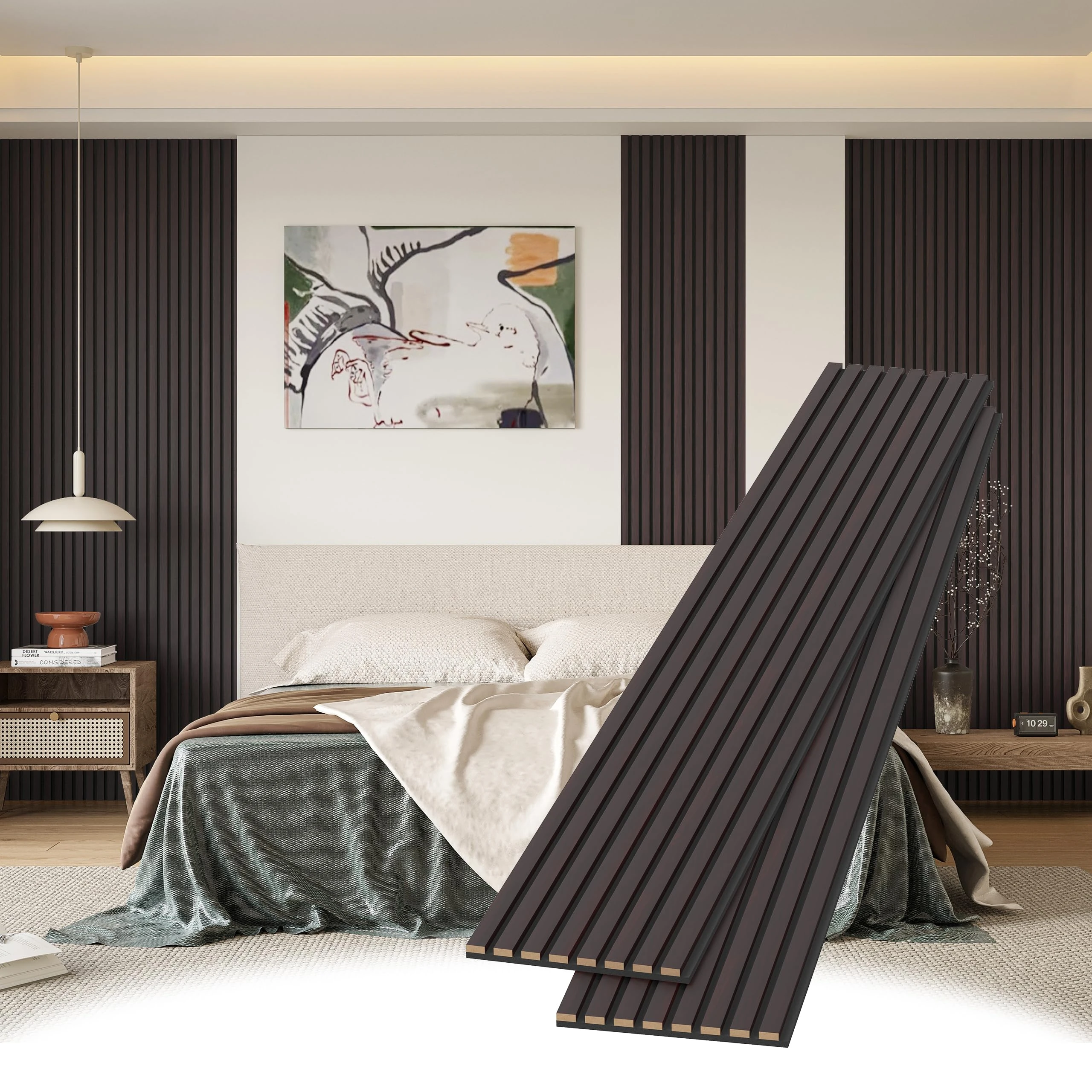 POHARE Wood Slat Wall Panels, 2 Pack 8 x 1 ft Decorative Wood Panels for Wall,Stylish Wall Panels for Interior Wall Decor, Modern Acoustic Wood Wall Panels with Felt Backing, Black-Brown Oak