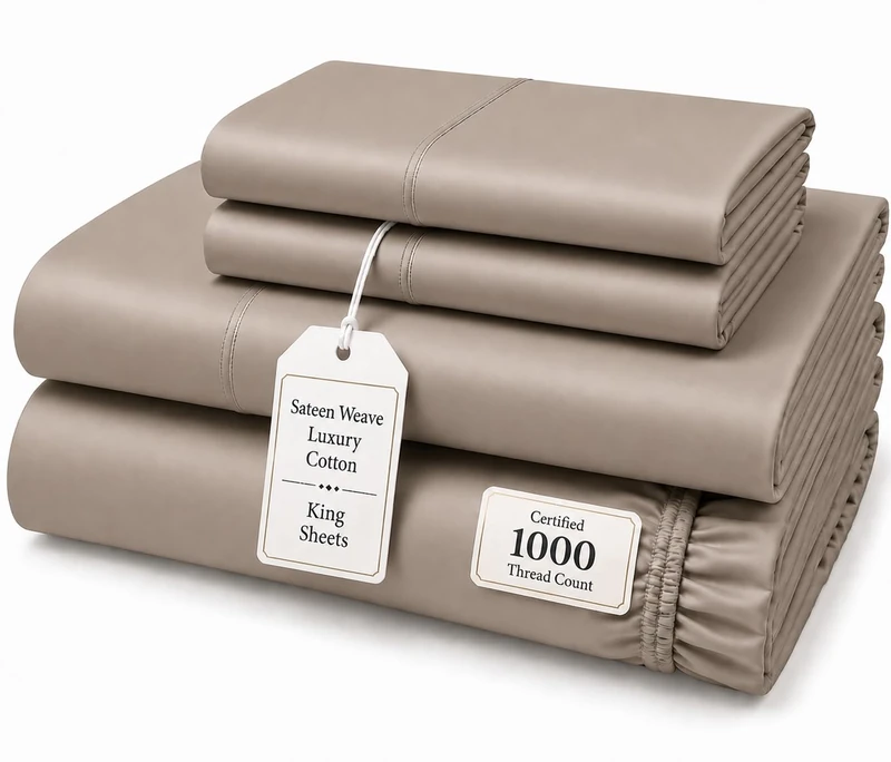 100% Cotton King Size Bed Sheets - 1000 Thread Count, 5-Star Luxury Hotel Quality, Soft Sateen Weave, 15" Deep Pocket - Taupe