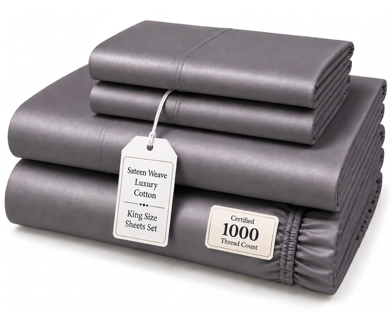 CHATEAU HOME COLLECTION 100% Cotton Sheets King Size - 1000 Thread Count Luxury Sateen Weave- 15" Deep Pocket King Sheet Set- Machine Washable Fade Restistant- Charcoal