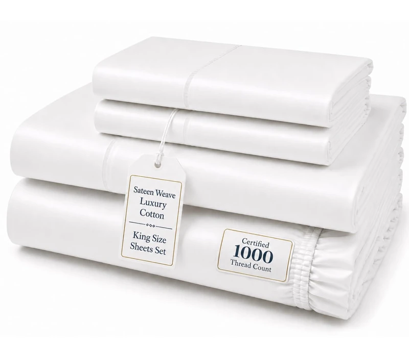 CHATEAU HOME COLLECTION 100% Cotton King Size Sheets Set - 1000 Thread Count Luxury Sateen Weave, Soft Breathable & Cooling, 15" King Sheets Deep Pocket - White