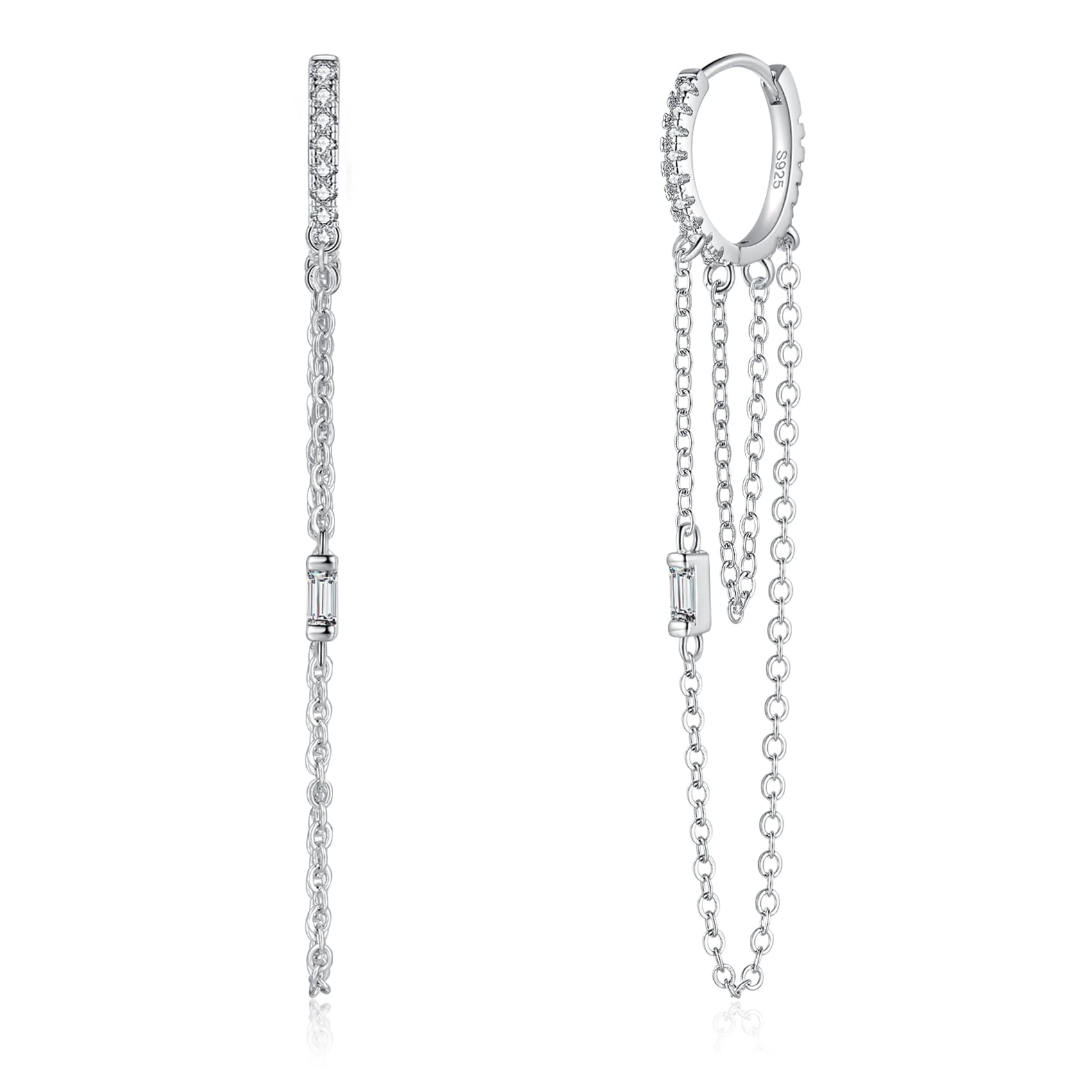 Loutade Silver Chain Hoop Earrings with Tassel, Simple Cartilage Sleeper Hoop Tassel Dangling Drop Earrings