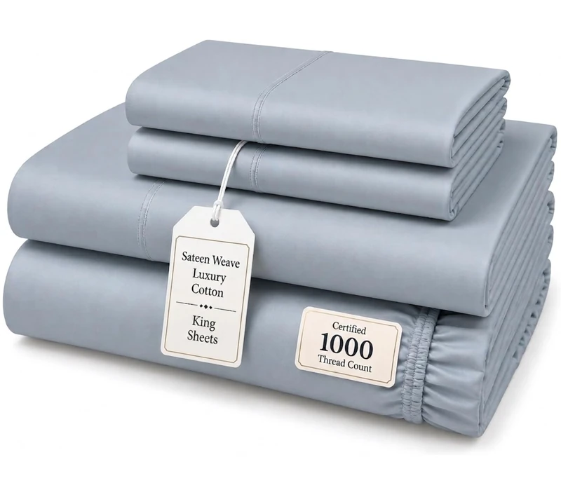 100% Cotton Sheets For King Size Bed, Certified 1000 TC Deep Pocket King Sheet Set, Elasticated Sheet & Pillowcase Sets, No Pill & Shrink, Soft & Comfy Naturally Cool & Breathable- French Blue