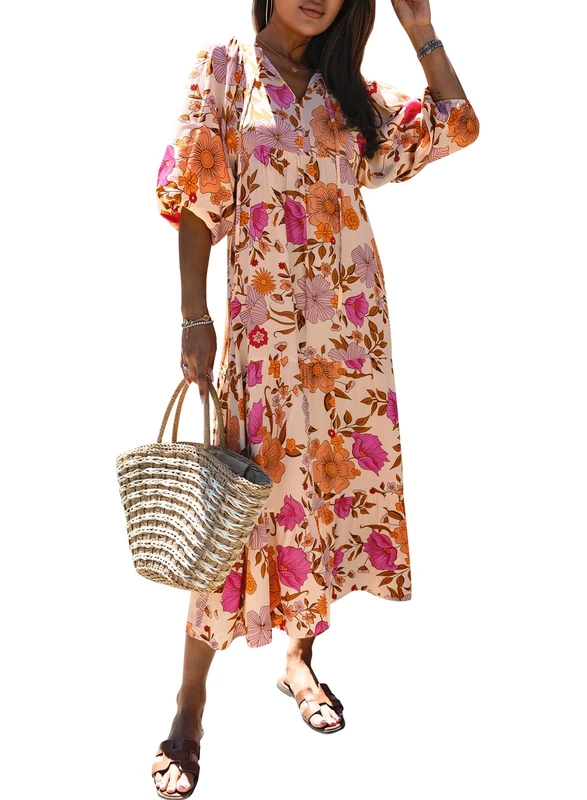 MIDUO Womens Loose Fit Casual Summer V Neck Half Sleeve Bohemian Geometric Pattern Maxi Long Dresses, A Multicoloured 19, S