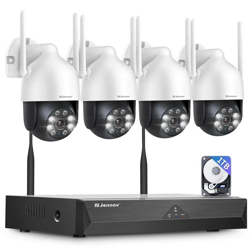 Jennov 5MP+360°PTZ Wireless Security Camera System, 10CH NVR CCTV Camera System with 1TB HDD, 4PCS PTZ Security Cameras, Human Detection, Color Night Vision, Auto Tacking, Two Way Audio