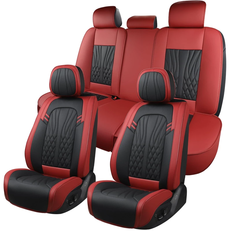 MINGBRON Leather Seat Covers, Universal Fit, Wine Red, Set of 5, Waterproof, Faux Leather, for Most Cars