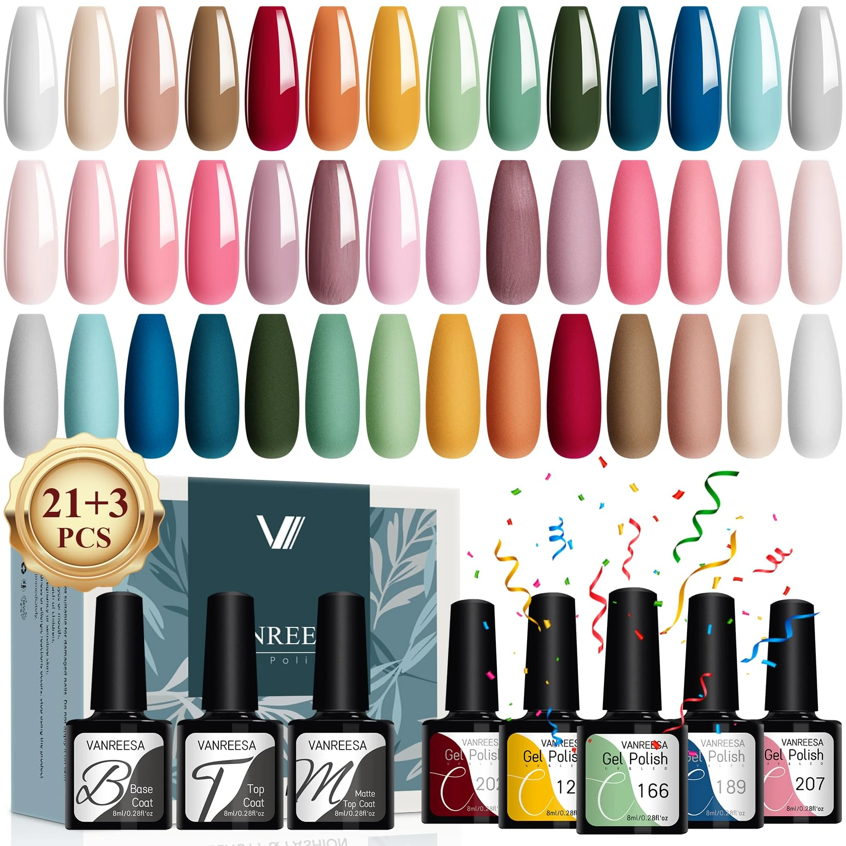 VANREESA 24 PCS Gel Nail Polish Set 21 Colours Gel Polish Set Pink Purple Nude Green Blue UV Nail Kit with Base Top Coat Nail Varnish Kit Gifts for Women