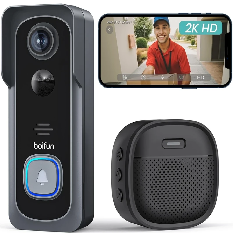 BOIFUN 2K Video Doorbell Camera Wireless, No Monthly Fee, Motion Detection, Two-way Talk, Clear Night Vision, Rechargeable Battery, Works with Alexa, SD Card & Cloud Storage, 2.4GHz