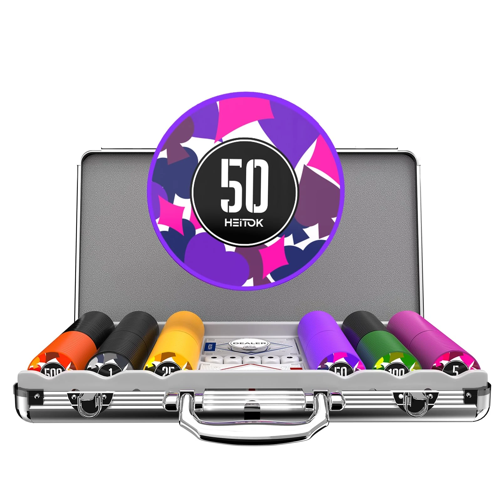 HEITOK Poker Set with Denominations, 300-pcs 11.5g Weighted Numbered Casino Chips Set, 5 Dice, 2 Decks with Compact Aluminum Case for Texas Hold'em, Blackjack