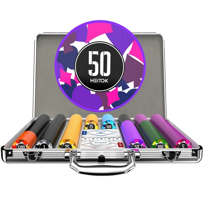 HEITOK 500 Piece Poker Chip Set 11.5g Heavyweight Numbered Chips With Aluminium Case Dealer Button Blinds And Playing Cards For Texas Holdem Blackjack