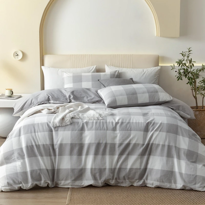 JIYUAN 100% Washed Cotton Duvet Cover Set Comfy Simple Style Soft Breathable Textured Durable Linen Feel Bedding for All Seasons Queen, Plaid Grey