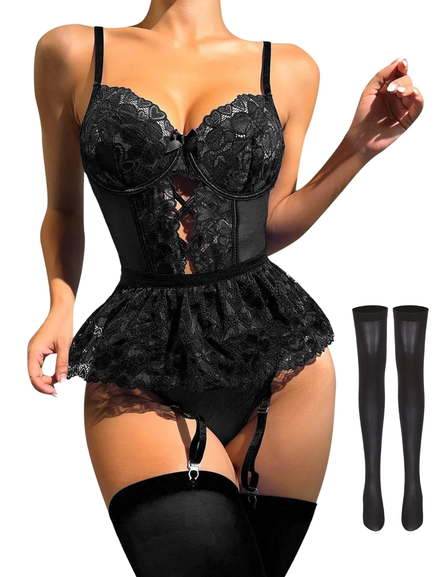 ROSVAJFY Women's Garter Teddy Lingerie Set With Stockings, Floral Lace Naughty Bodysuit Strappy One Piece Babydoll Nightwear, Sexy Deep V Cutout Jumpsuit Mesh Sleepwear (Black, L)
