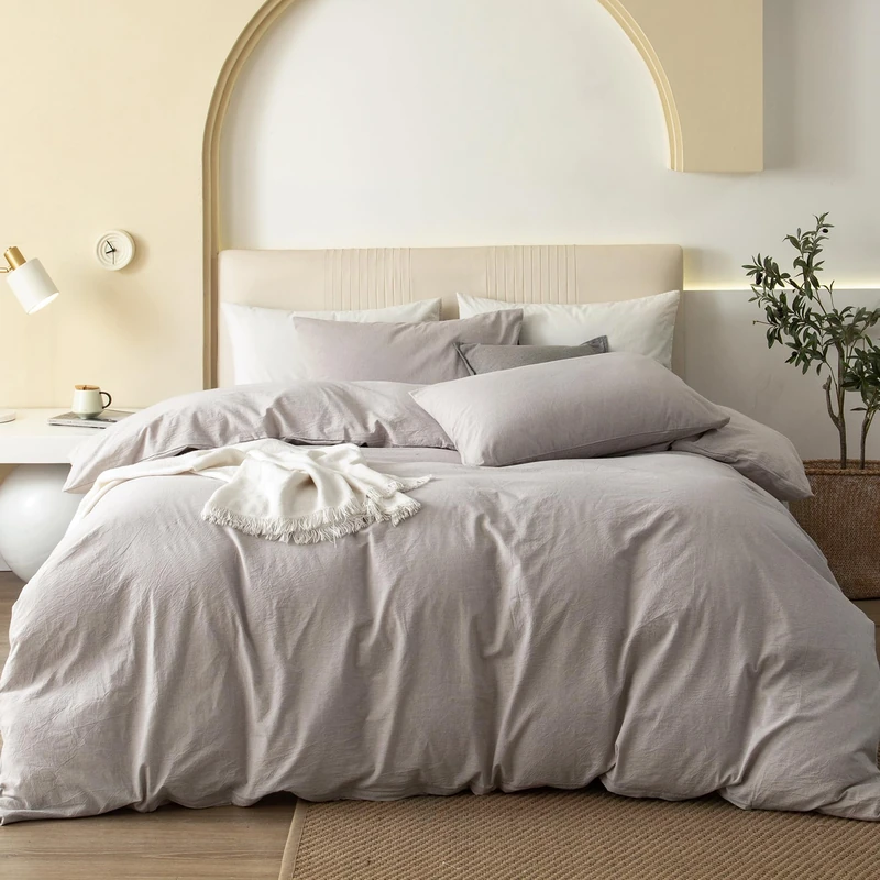 JIYUAN 100% Washed Cotton Duvet Cover Set 3 Pieces King, 1 Duvet Cover 104x90 Inches(Comforter Not Included) and 2 Pillowcases,Linen Feel Bedding Set Comfy and Breathable, Heathered Linen