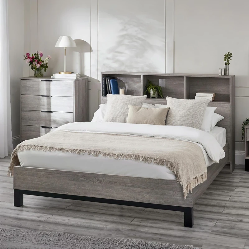 Julian Bowen Bali Bookcase Headboard Bed 135Cm - Grey Oak