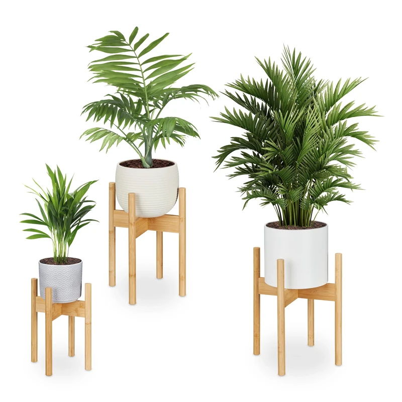 Relaxdays Plant Stand, Set of 3, Bamboo, Flowerpot Holder, up to Ø: 20/25 / 29 cm, Indoor Home Decor, Natural, M/L/XL