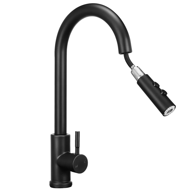Kitchen Faucet 360° Swivel Kitchen Faucet High Pressure Kitchen Faucet with Hand Shower 2 Modes Sink Faucet Brushed Stainless Steel Black for Kitchen Bathroom