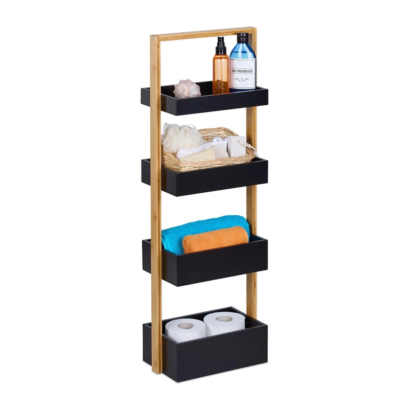 Relaxdays Storage Unit, 4 Shelves, Kitchen, Bedroom, Free-standing, 88 x 30 x 18 cm, Caddy, Bamboo/MDF, Natural/Black