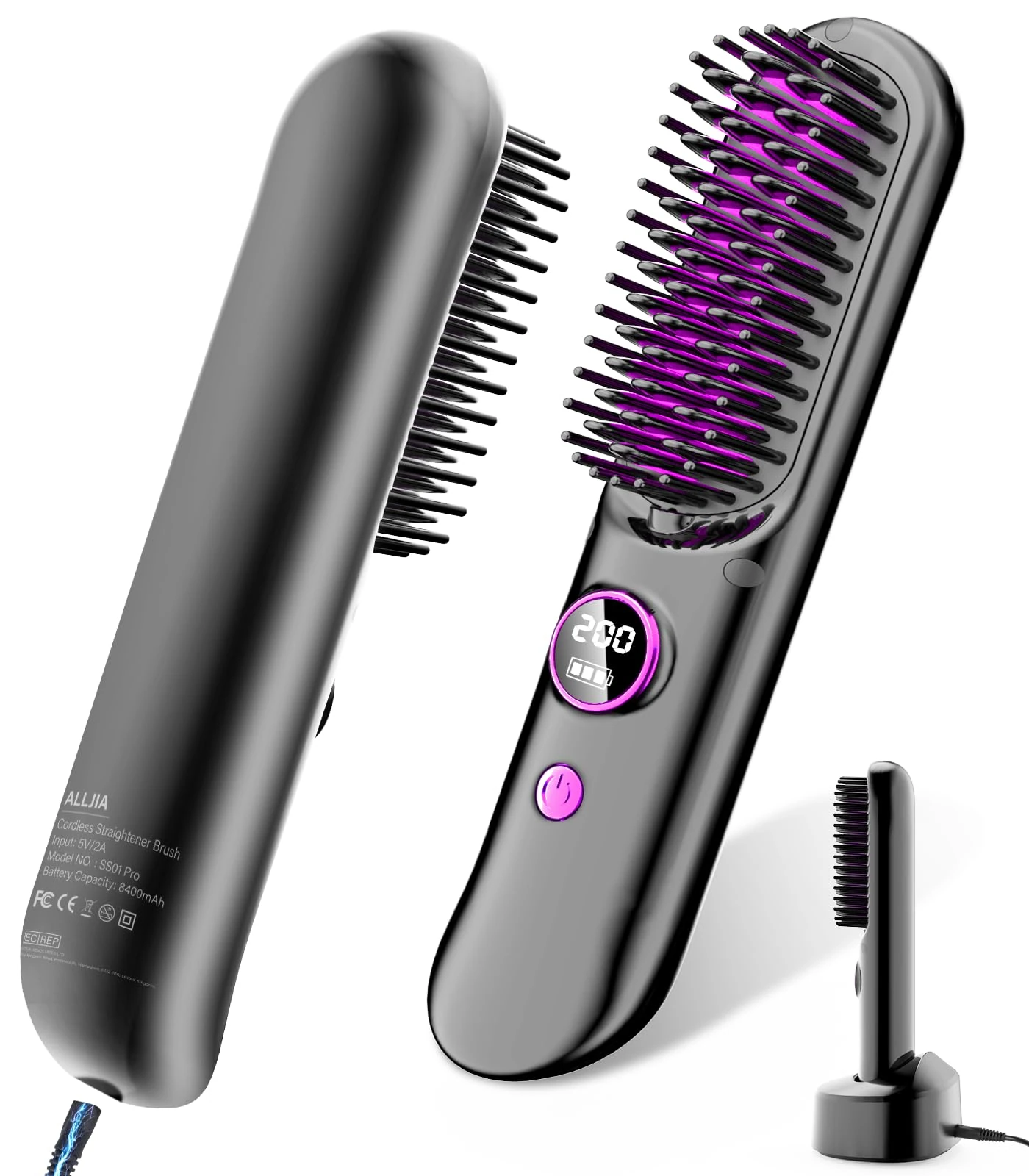 Cordless Hair Straightener Brush for Travel ON-The-GO, 8400mAh Hot Brush Hair Straighteners USB Rechargeable Portable Smoothing Heated Styling Comb with Exclusive Charging Dock