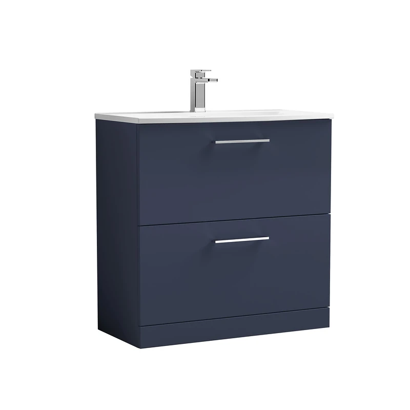 nuie ARN2935G Arno Modern Bathroom Floor Standing 2 Soft Close Drawer Vanity Unit and Curved Basin, 800mm, Midnight Blue