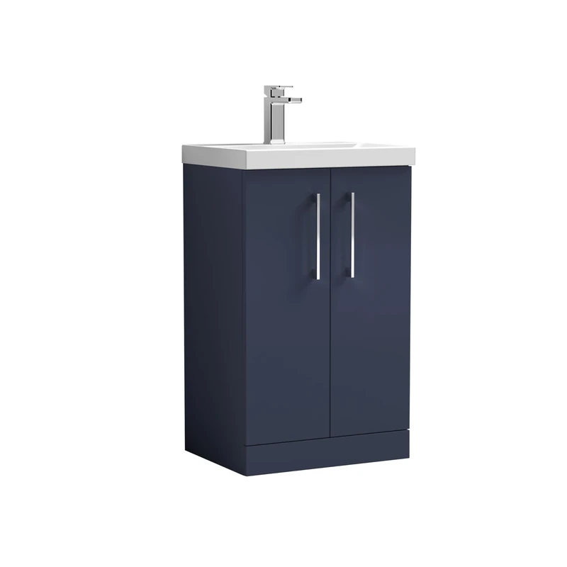 nuie ARN2901A Arno Modern Bathroom Floor Standing 2 Soft Close Door Vanity Unit and Mid-Edge Basin, 500mm, Midnight Blue