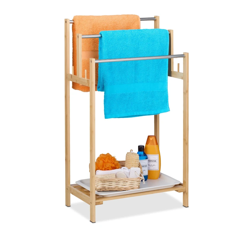 Relaxdays Towel Rail, 3 Bars & Shelf, Bamboo & Metal, HxWxD: 90 x 51 x 30.5 cm, Free-Standing, Shower Rack, Natural