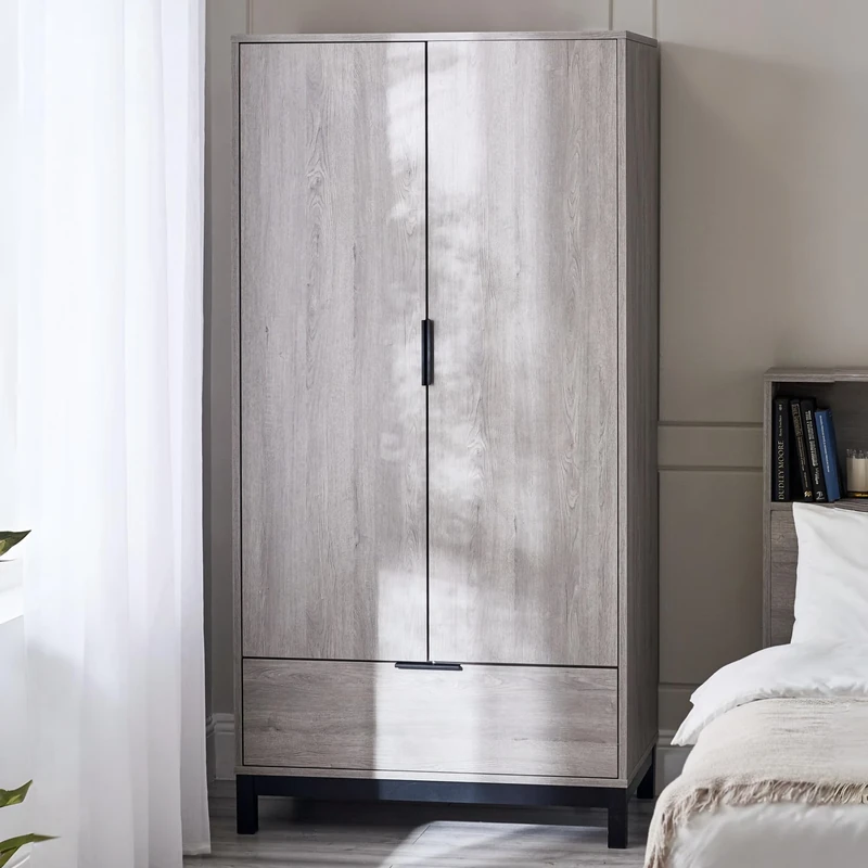 Julian Bowen Bali 2 Door 1 Drawer Wardrobe-Grey Oak, Engineered Wood, 185 x 92 x 55cm