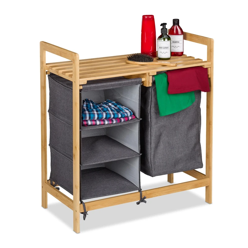 Relaxdays Laundry Basket with Shelf, Bamboo, Pull-Out Clothes Hamper, Storage, HWD: 77 x 69.5 x 36 cm, Natural/Grey
