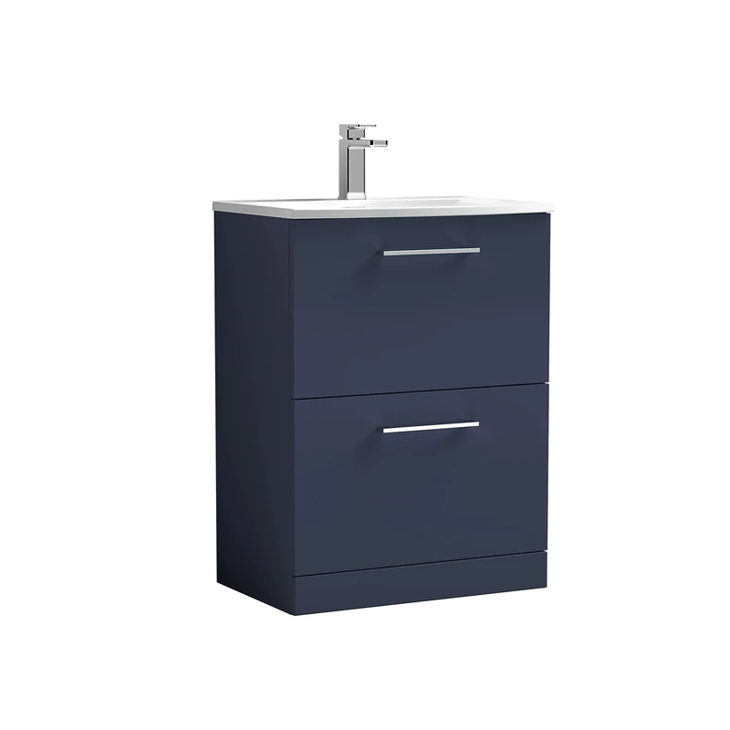 nuie ARN2933G Arno Modern Bathroom Floor Standing 2 Soft Close Drawer Vanity Unit and Curved Basin, 600mm, Midnight Blue